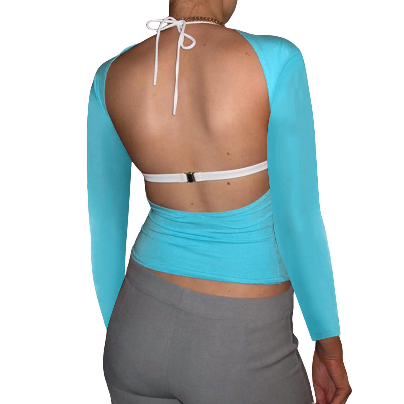 thumbnail image 4 of Top corto sin espalda de manga corta liso para mujer: camiseta sexy informal para la playa con cuello redondo y corte ajustado, 4 of 8